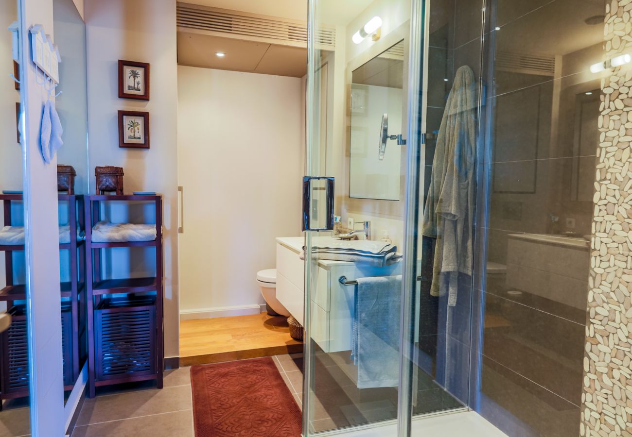 THE BATHROOM WITH SHOWER AND TOILET