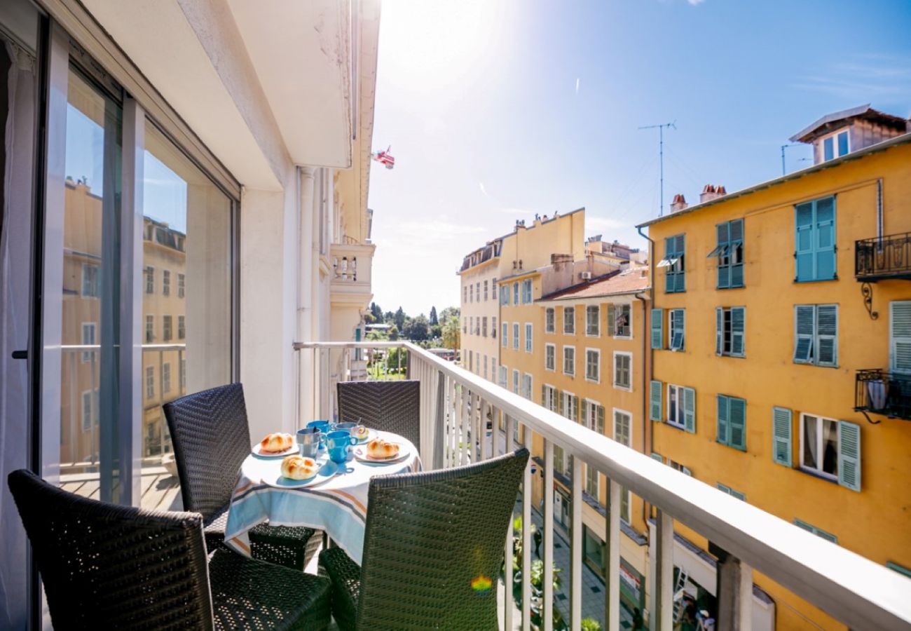 Balcony with table and garden