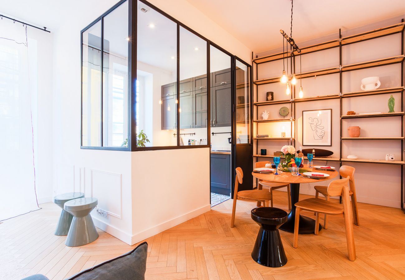 The dining area and its kitchen