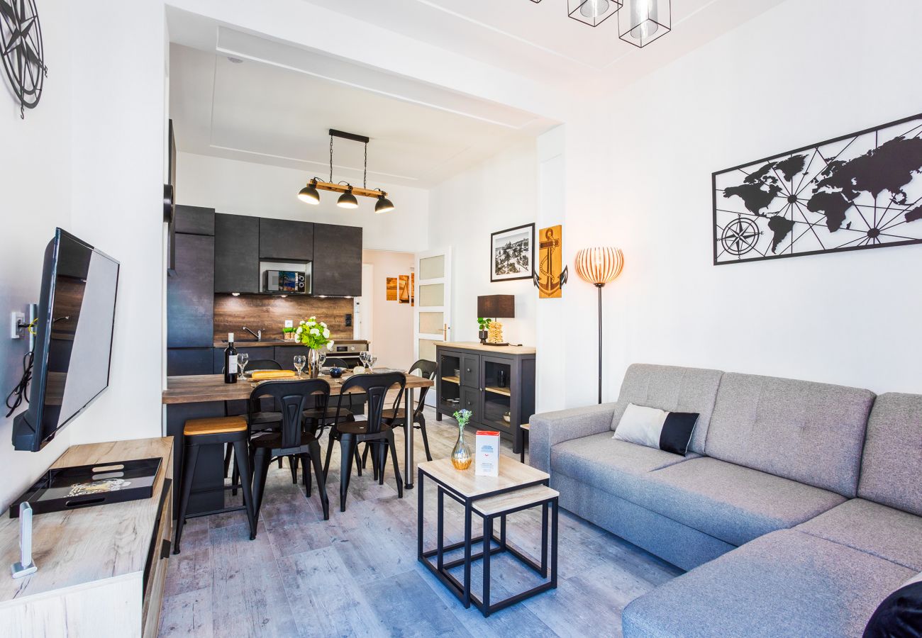 Modern living room with dining area